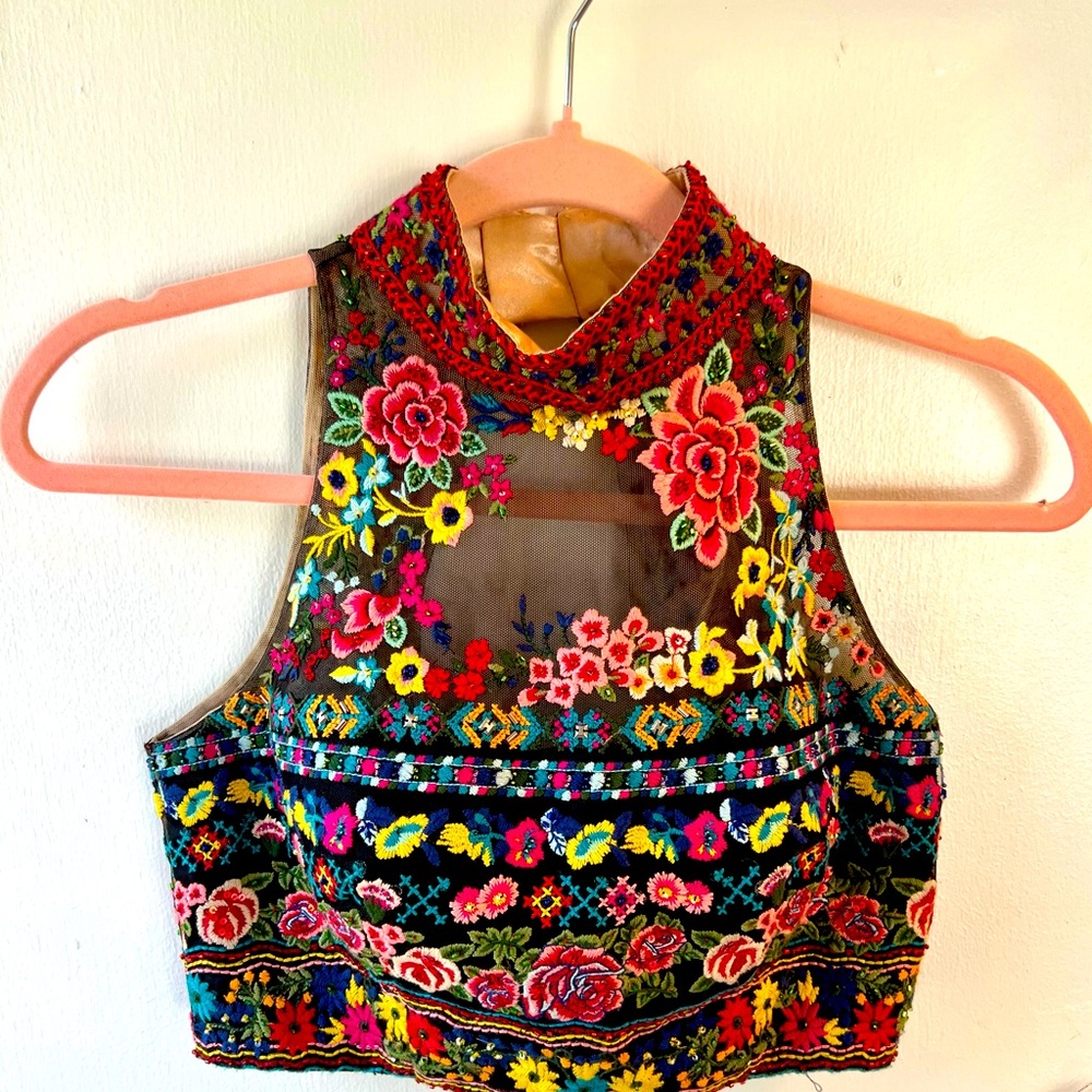 Sherri Hill Embroidered Beaded Sequin Crop Top Womens 2 Floral Boho Mock Neck